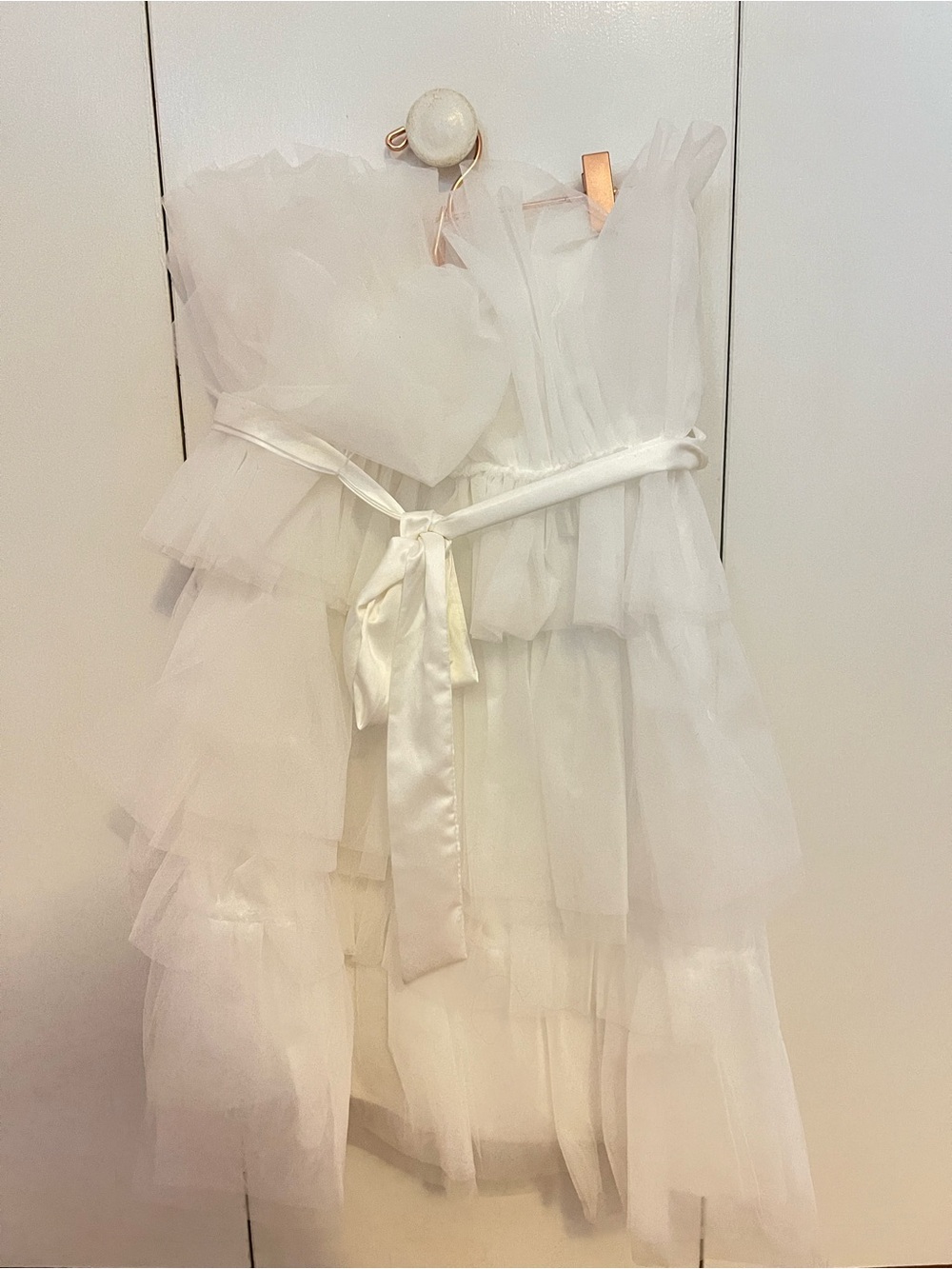 White Tiered Tulle Dress with Satin Waist Tie